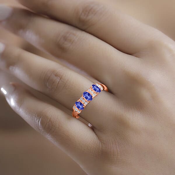 D'Joy Tanzanite And Moissanite 0.95 Ctw Ring In 18K Vermeil Rose Gold Over Sterling Silver