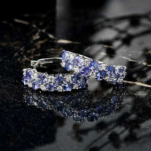 D'Joy Tanzanite And Moissanite 4.00 Ctw Blue Sky In Night Earrings In Rhodium Over Sterling Silver