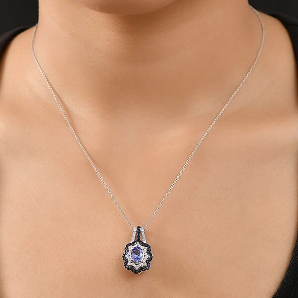 D'Joy Tanzanite And Multi Gemstone 2.60 Ctw Pendant Necklace In Rhodium Over Sterling Silver 20 Inches