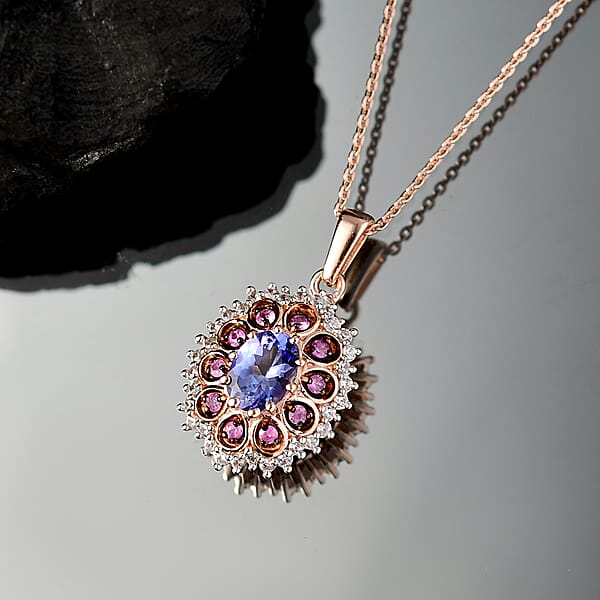 D'Joy Tanzanite And Multi Sapphire 1.25 Ctw Pink Blue Lily Flower Pendant Necklace 20 Inches In 18K Vermeil Rose Gold Over Sterling Silver