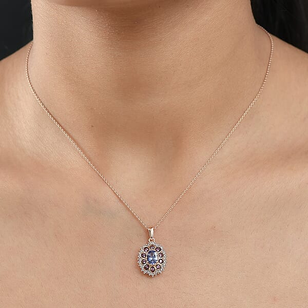 D'Joy Tanzanite And Multi Sapphire 1.25 Ctw Pink Blue Lily Flower Pendant Necklace 20 Inches In 18K Vermeil Rose Gold Over Sterling Silver