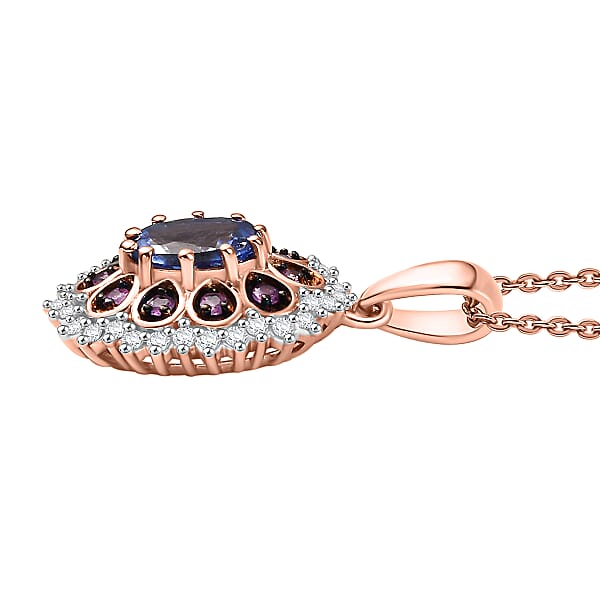 D'Joy Tanzanite And Multi Sapphire 1.25 Ctw Pink Blue Lily Flower Pendant Necklace 20 Inches In 18K Vermeil Rose Gold Over Sterling Silver