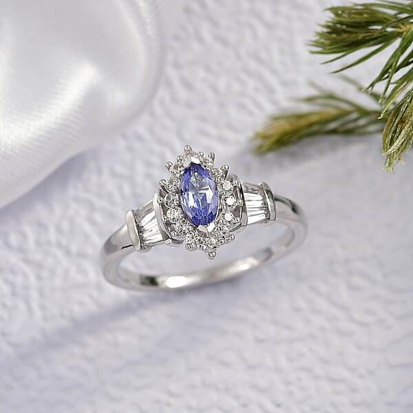 D'Joy Tanzanite And White Zircon 1.00 Ctw Starlit Dream Ring In Rhodium Over Sterling Silver