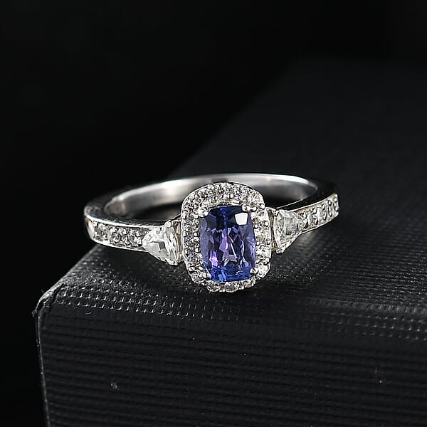D'Joy Tanzanite And White Zircon 1.15 Ctw Ring In Rhodium Over Sterling Silver