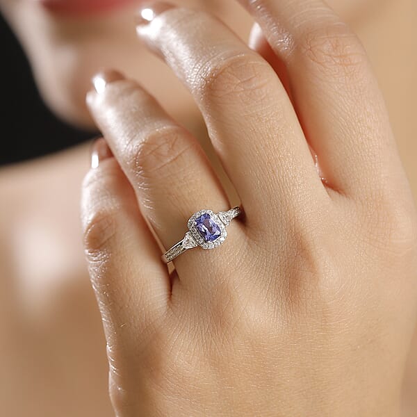 D'Joy Tanzanite And White Zircon 1.15 Ctw Ring In Rhodium Over Sterling Silver