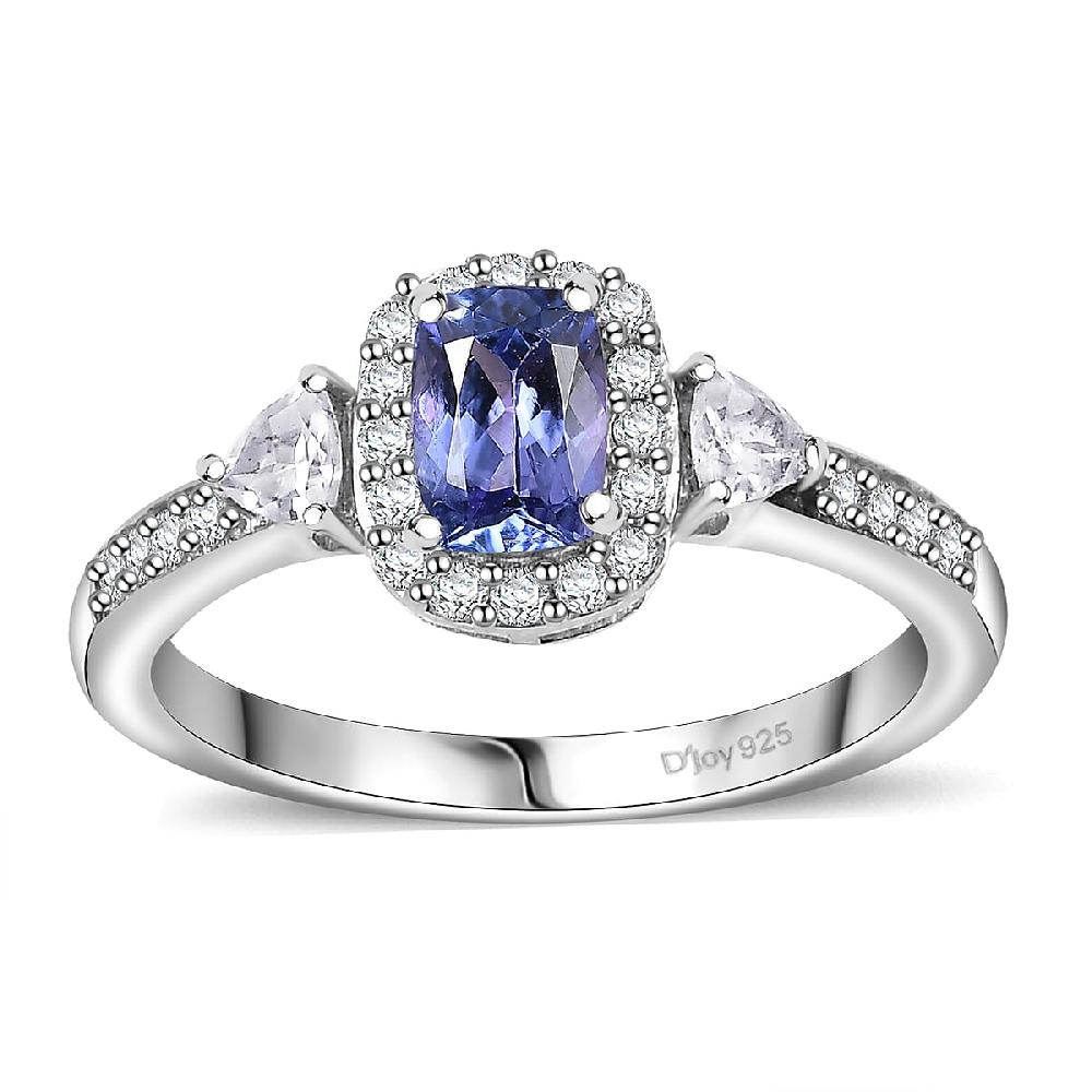 D'Joy Tanzanite and White Zircon 1.15 ctw Ring in Rhodium Over Sterling Silver