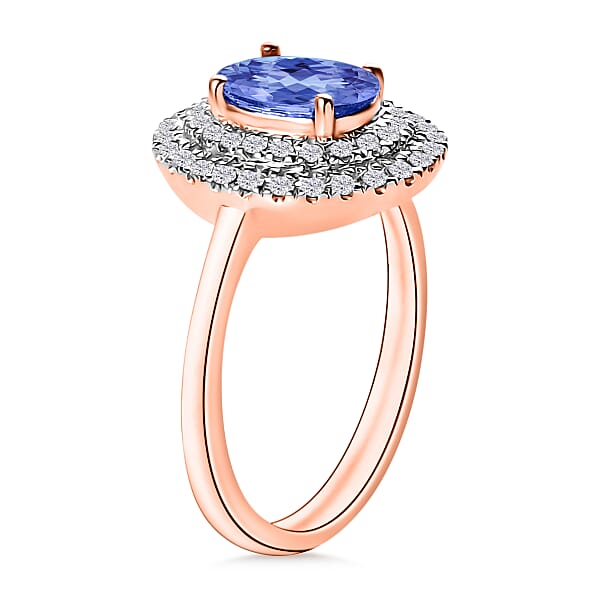 D'Joy Tanzanite And White Zircon 1.60 Ctw Double Halo Ring In 18K Vermeil Rose Gold Over Sterling Silver