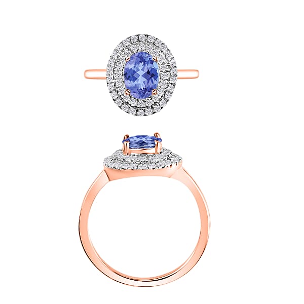 D'Joy Tanzanite And White Zircon 1.60 Ctw Double Halo Ring In 18K Vermeil Rose Gold Over Sterling Silver