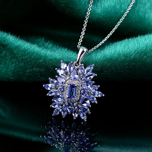 D'Joy Tanzanite And White Zircon 3.00 Ctw Siberian Bugloss Floral Pendant Necklace In Rhodium Over Sterling Silver 20 Inches