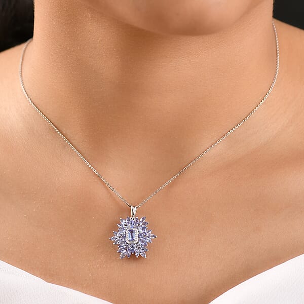 D'Joy Tanzanite And White Zircon 3.00 Ctw Siberian Bugloss Floral Pendant Necklace In Rhodium Over Sterling Silver 20 Inches