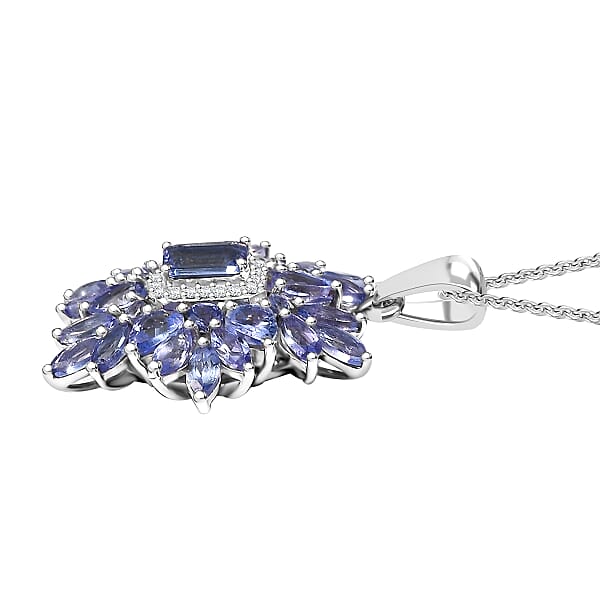 D'Joy Tanzanite And White Zircon 3.00 Ctw Siberian Bugloss Floral Pendant Necklace In Rhodium Over Sterling Silver 20 Inches
