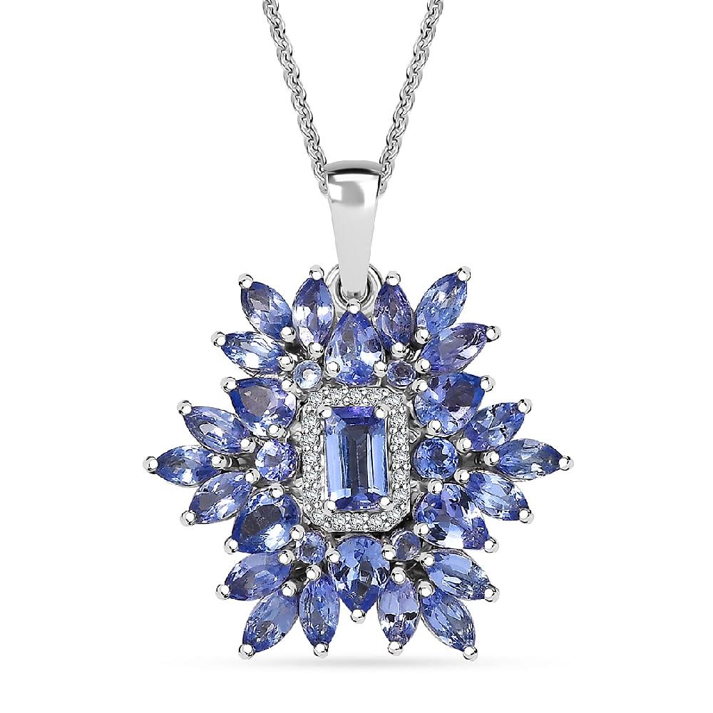 D'Joy Tanzanite and White Zircon 3.00 ctw Siberian Bugloss Floral Pendant Necklace in Rhodium Over Sterling Silver 20 Inches