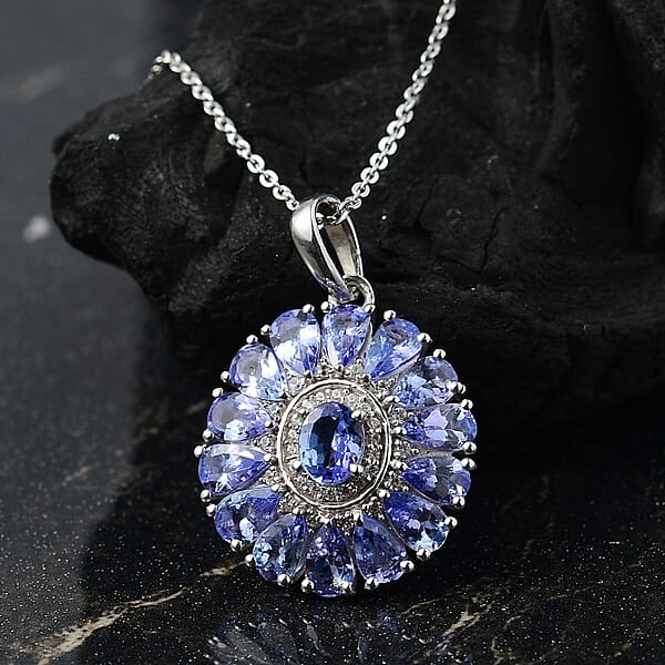 D'Joy Tanzanite And White Zircon 3.35 Ctw Blue Dahlia Flower Pendant Necklace In Rhodium Over Sterling Silver 20 Inches