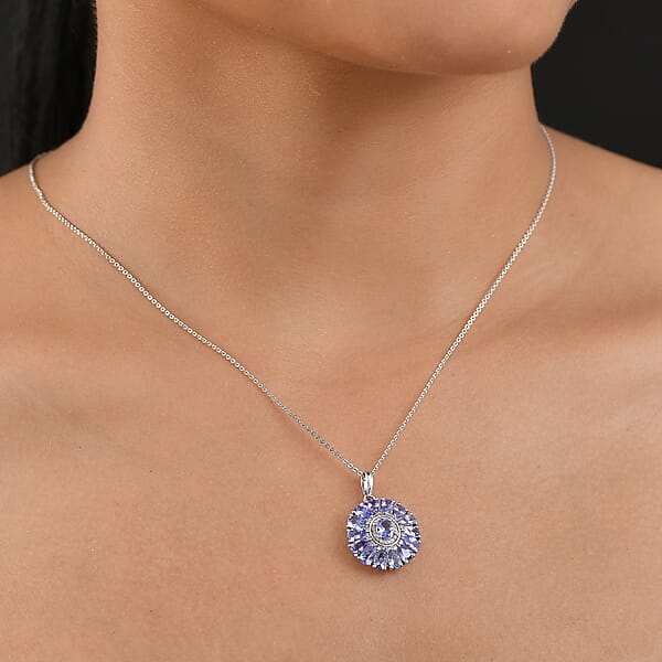 D'Joy Tanzanite And White Zircon 3.35 Ctw Blue Dahlia Flower Pendant Necklace In Rhodium Over Sterling Silver 20 Inches