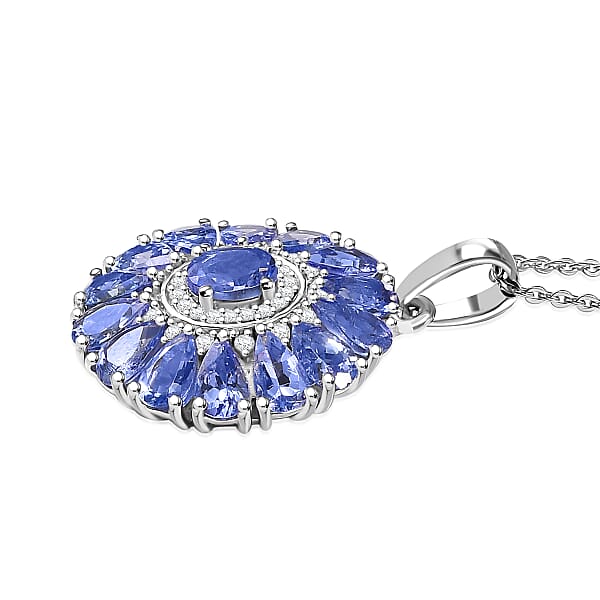 D'Joy Tanzanite And White Zircon 3.35 Ctw Blue Dahlia Flower Pendant Necklace In Rhodium Over Sterling Silver 20 Inches