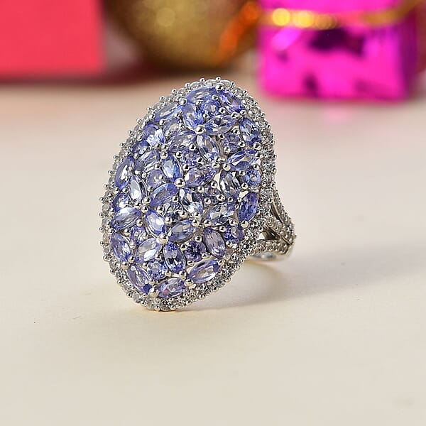 D'Joy Tanzanite And White Zircon 4.80 Ctw Bunch Of Flower Ring In Rhodium Over Sterling Silver