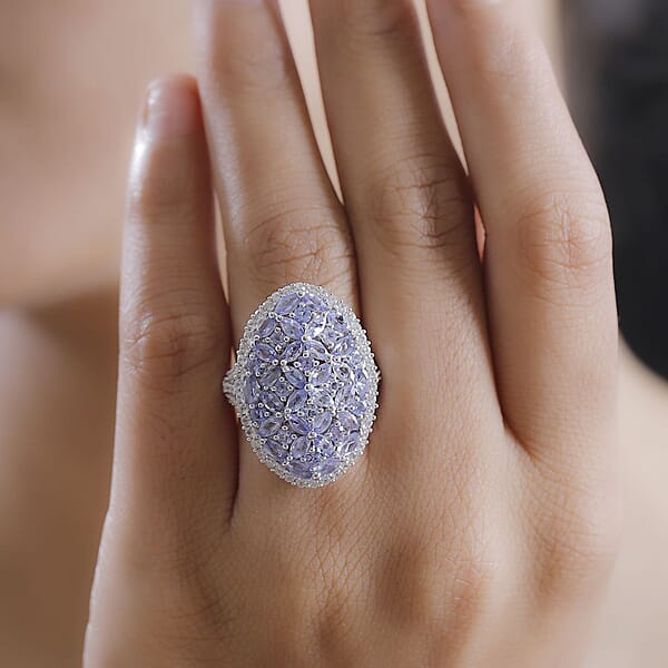D'Joy Tanzanite And White Zircon 4.80 Ctw Bunch Of Flower Ring In Rhodium Over Sterling Silver