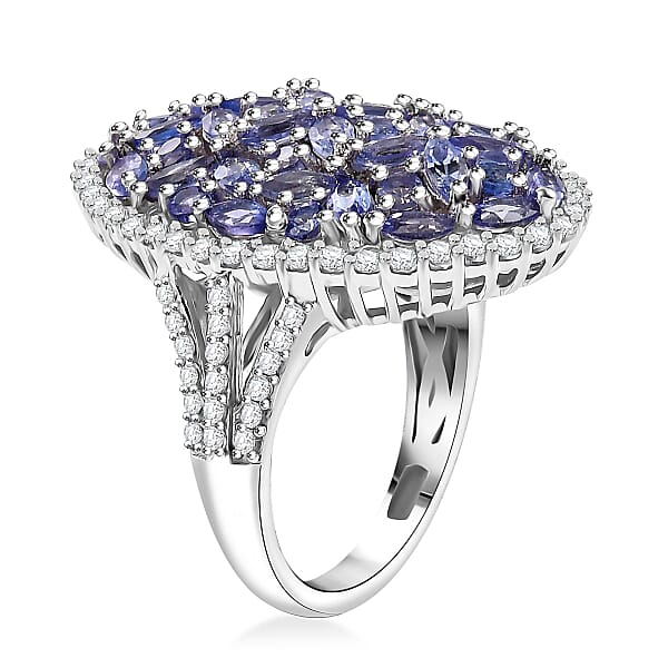 D'Joy Tanzanite And White Zircon 4.80 Ctw Bunch Of Flower Ring In Rhodium Over Sterling Silver