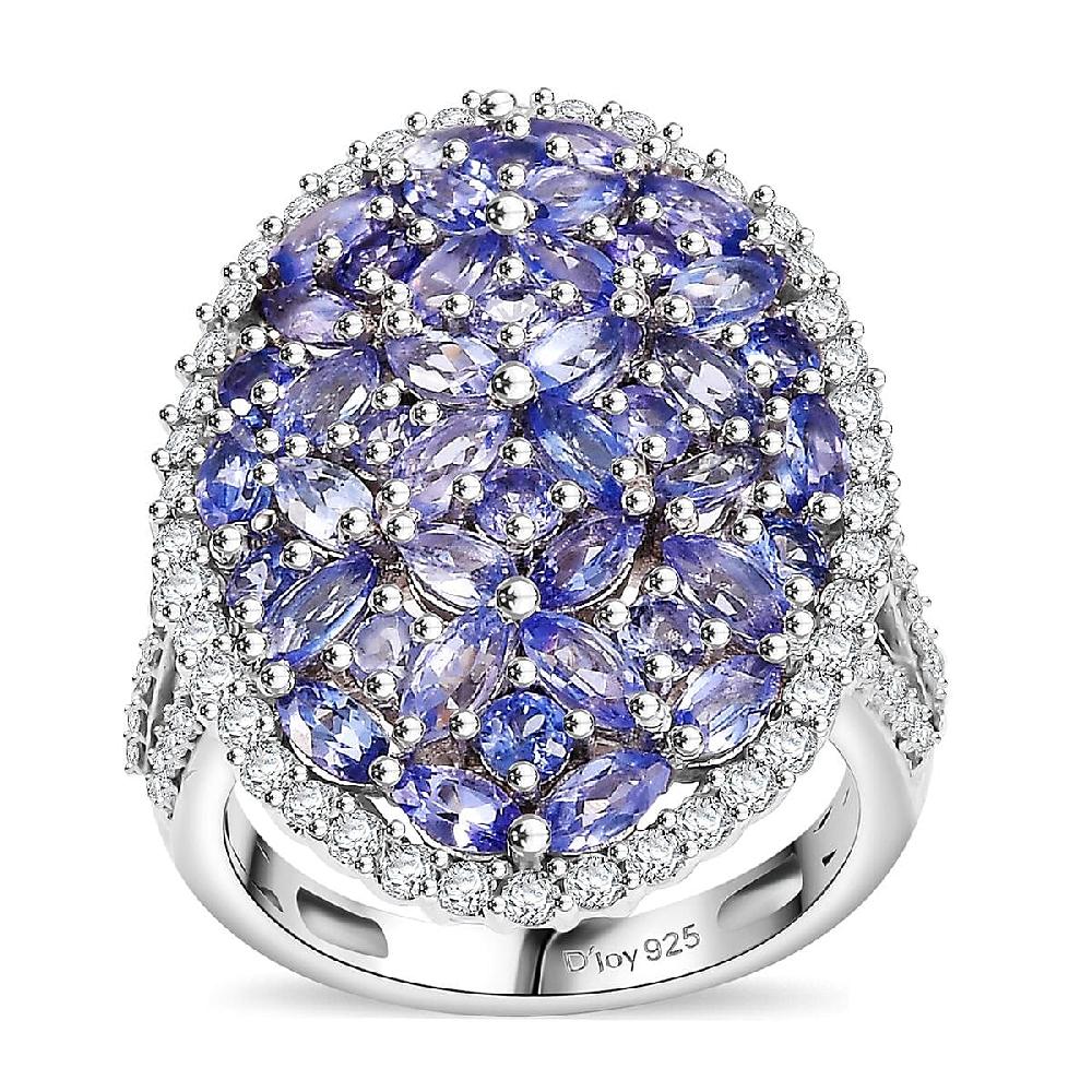 D'Joy Tanzanite and White Zircon 4.80 ctw Bunch of Flower Ring in Rhodium Over Sterling Silver