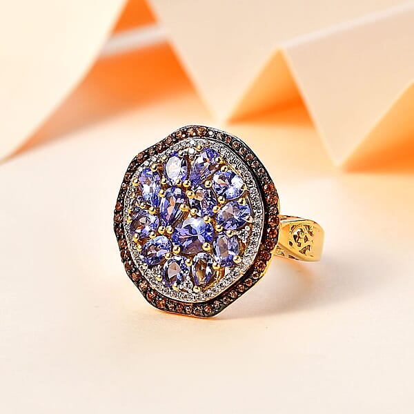 D'Joy Tanzanite Brown And White Zircon Sea Pebble Ring In 18K Vermeil Yellow Gold Over Sterling Silver 3.20 Ctw