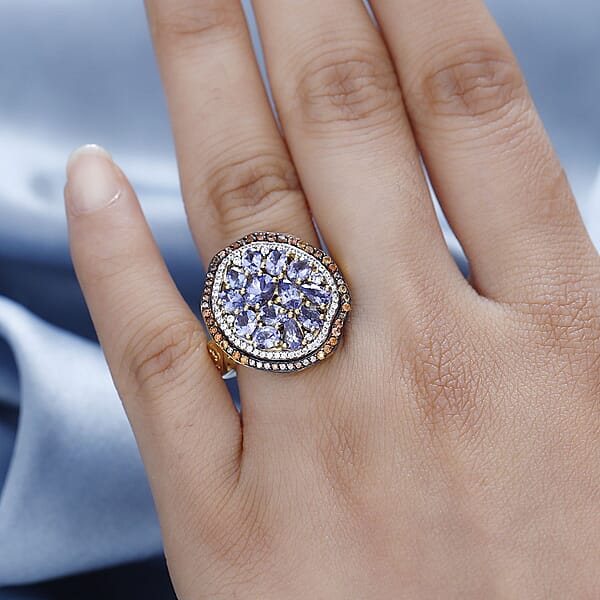 D'Joy Tanzanite Brown And White Zircon Sea Pebble Ring In 18K Vermeil Yellow Gold Over Sterling Silver 3.20 Ctw