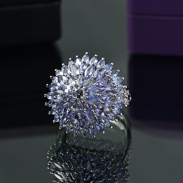 D'Joy Tanzanite Chrysanthemum Flower Ring In Rhodium Over Sterling Silver 5.60 Ctw