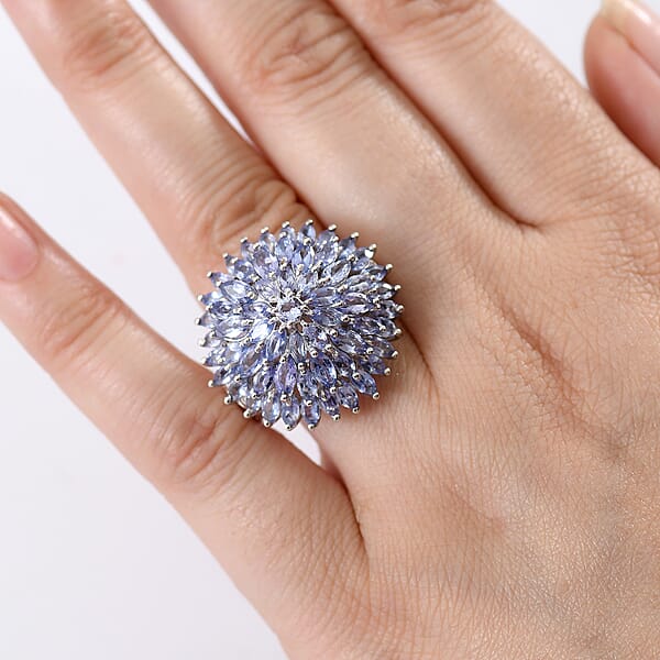 D'Joy Tanzanite Chrysanthemum Flower Ring In Rhodium Over Sterling Silver 5.60 Ctw