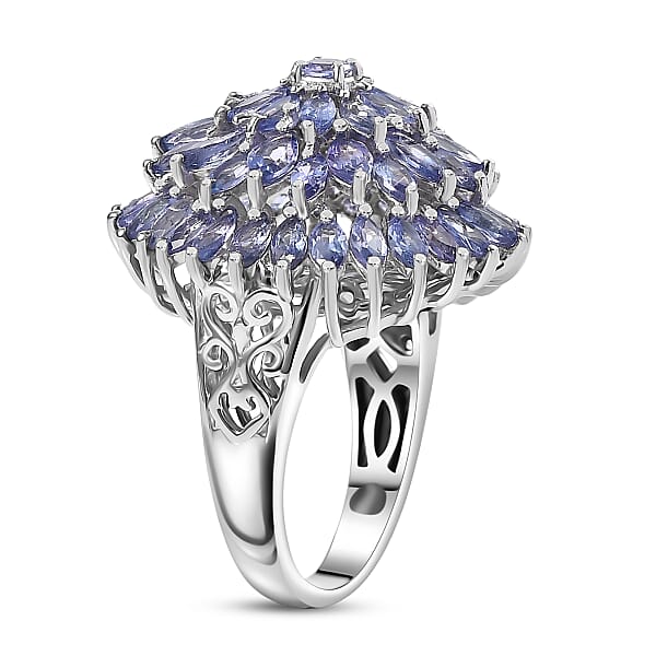 D'Joy Tanzanite Chrysanthemum Flower Ring In Rhodium Over Sterling Silver 5.60 Ctw