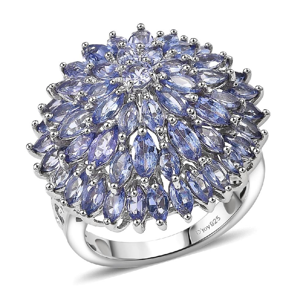 D'Joy Tanzanite Chrysanthemum Flower Ring in Rhodium Over Sterling Silver 5.60 ctw