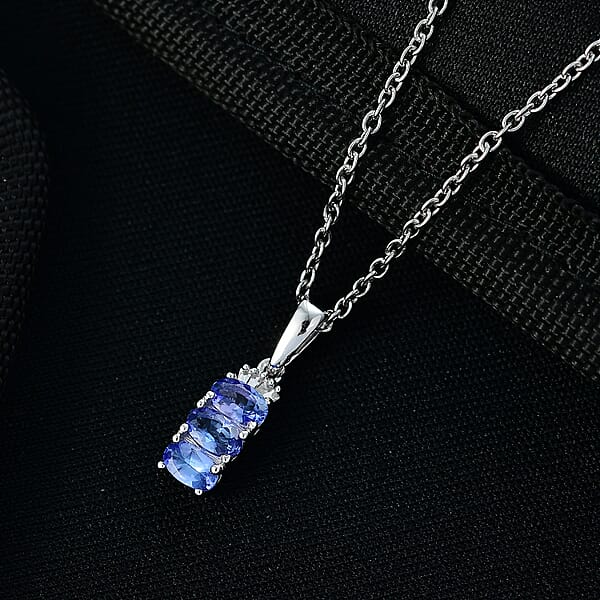 D'Joy Tanzanite Diamond Trinity Pendant In Rhodium Over Sterling Silver With Stainless Steel Necklace 0.70 Ctw (20 Inches)