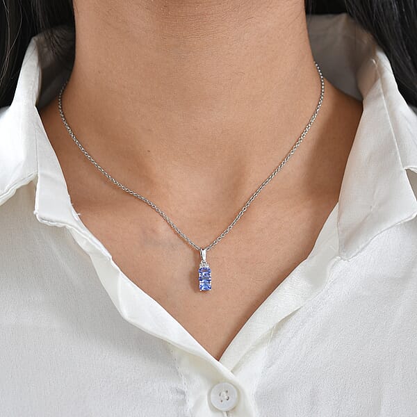 D'Joy Tanzanite Diamond Trinity Pendant In Rhodium Over Sterling Silver With Stainless Steel Necklace 0.70 Ctw (20 Inches)