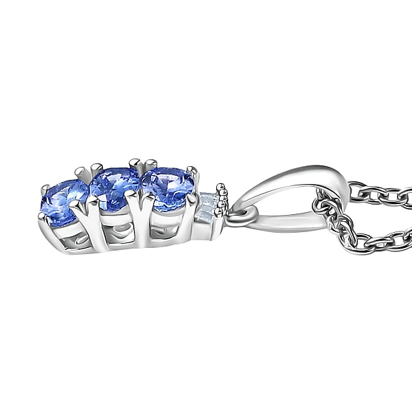 D'Joy Tanzanite Diamond Trinity Pendant In Rhodium Over Sterling Silver With Stainless Steel Necklace 0.70 Ctw (20 Inches)