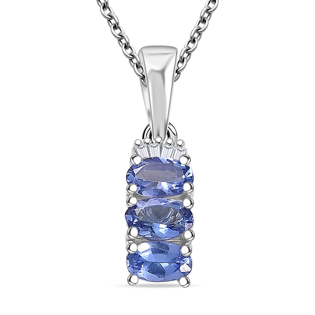 D'Joy Tanzanite Diamond Trinity Pendant in Rhodium Over Sterling Silver with Stainless Steel Necklace 0.70 ctw (20 Inches)