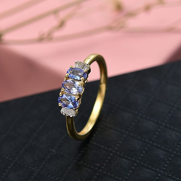 D'Joy Tanzanite Diamond Trinity Ring In 18K Vermeil YG Over Sterling Silver 0.75 Ctw