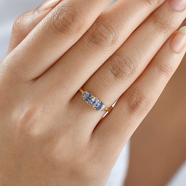 D'Joy Tanzanite Diamond Trinity Ring In 18K Vermeil YG Over Sterling Silver 0.75 Ctw