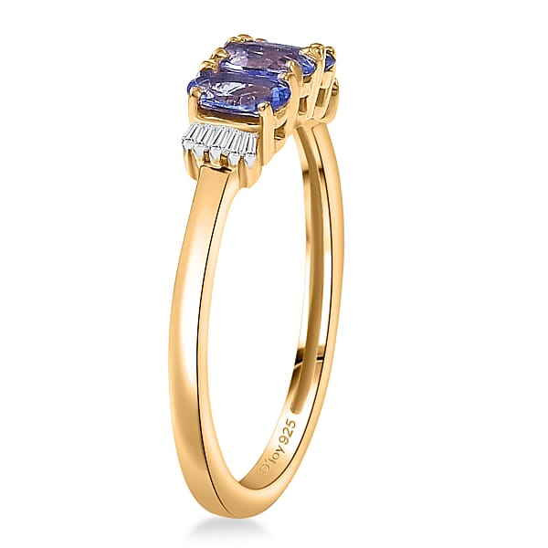 D'Joy Tanzanite Diamond Trinity Ring In 18K Vermeil YG Over Sterling Silver 0.75 Ctw