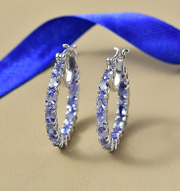 D'Joy Tanzanite Hoop Earrings In Rhodium Over Sterling Silver 5.70 Ctw