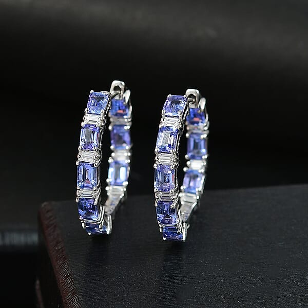 D'Joy Tanzanite Moissanite 4.35 Ctw Floral Vine Hoop Earrings In Rhodium Over Sterling Silver