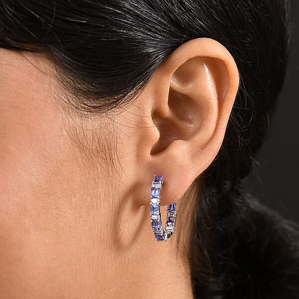 D'Joy Tanzanite Moissanite 4.35 Ctw Floral Vine Hoop Earrings In Rhodium Over Sterling Silver