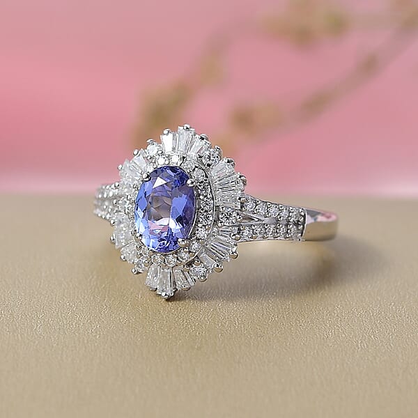D'Joy Tanzanite Moissanite Ring In Rhodium Over Sterling Silver 2.15 Ctw