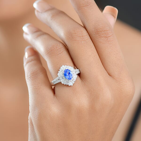 D'Joy Tanzanite Moissanite Ring In Rhodium Over Sterling Silver 2.15 Ctw