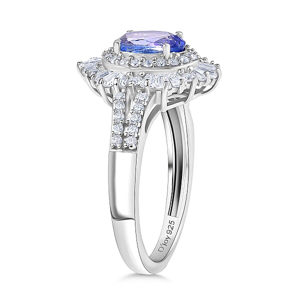 D'Joy Tanzanite Moissanite Ring In Rhodium Over Sterling Silver 2.15 Ctw