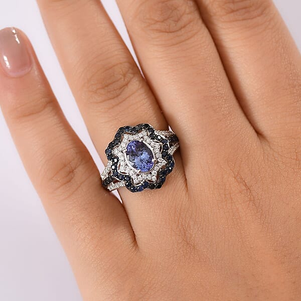 D'Joy Tanzanite Multi Gemstone Ring In Rhodium Over Sterling Silver 2.80 Ctw