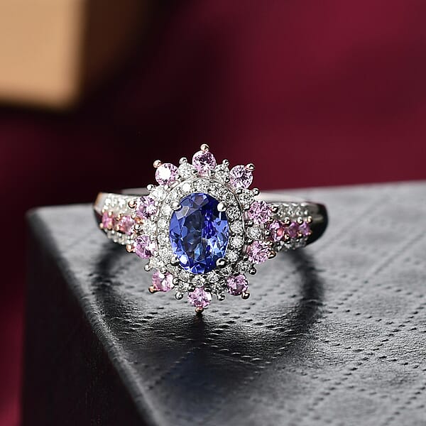 D'Joy Tanzanite Multi Gemstone Sunburst Ring In Rhodium Over Sterling Silver 1.75 Ctw