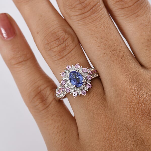 D'Joy Tanzanite Multi Gemstone Sunburst Ring In Rhodium Over Sterling Silver 1.75 Ctw