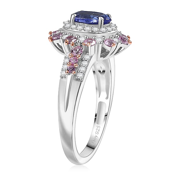 D'Joy Tanzanite Multi Gemstone Sunburst Ring In Rhodium Over Sterling Silver 1.75 Ctw