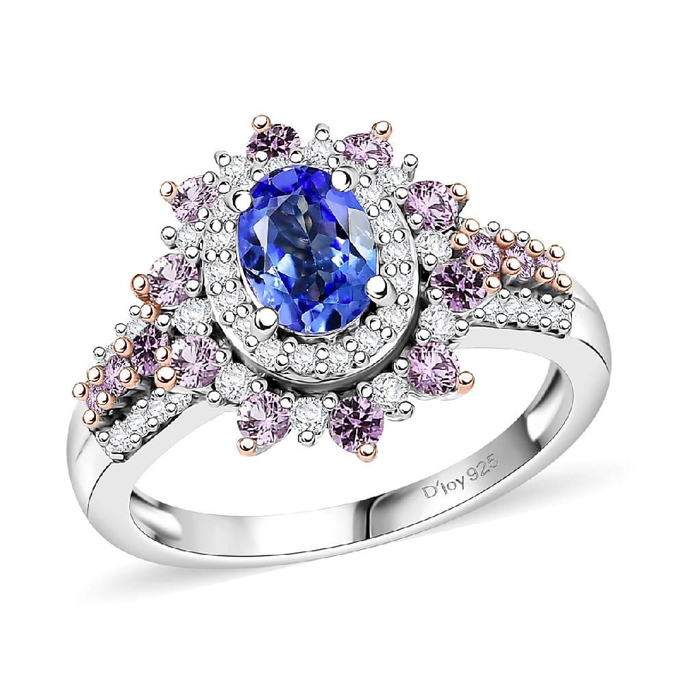 D'Joy Tanzanite Multi Gemstone Sunburst Ring in Rhodium Over Sterling Silver 1.75 ctw