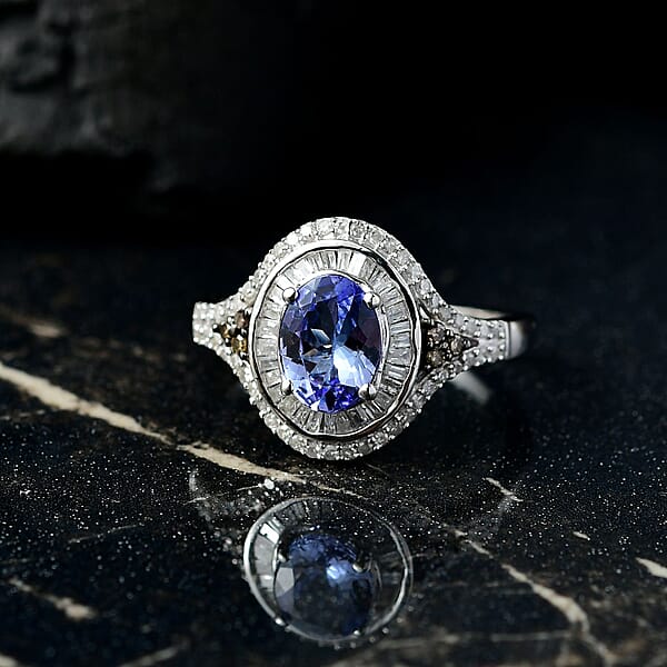 D'Joy Tanzanite Natural Champagne And White Diamond 1.75 Ctw Celestial Ring In Rhodium Over Sterling Silver