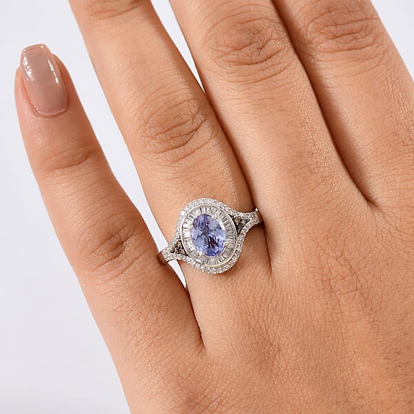 D'Joy Tanzanite Natural Champagne And White Diamond 1.75 Ctw Celestial Ring In Rhodium Over Sterling Silver