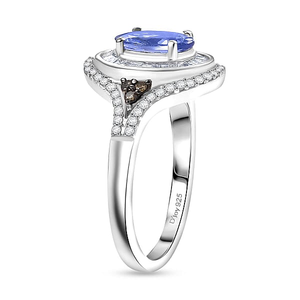 D'Joy Tanzanite Natural Champagne And White Diamond 1.75 Ctw Celestial Ring In Rhodium Over Sterling Silver